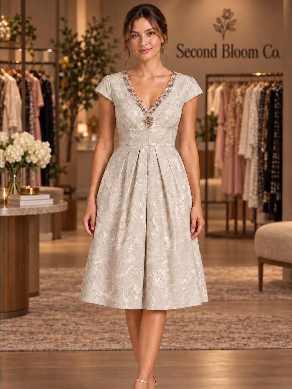 Adrianna Papell Size 4 Ivory Metallic Jacquard Beaded Fit & Flare Dress